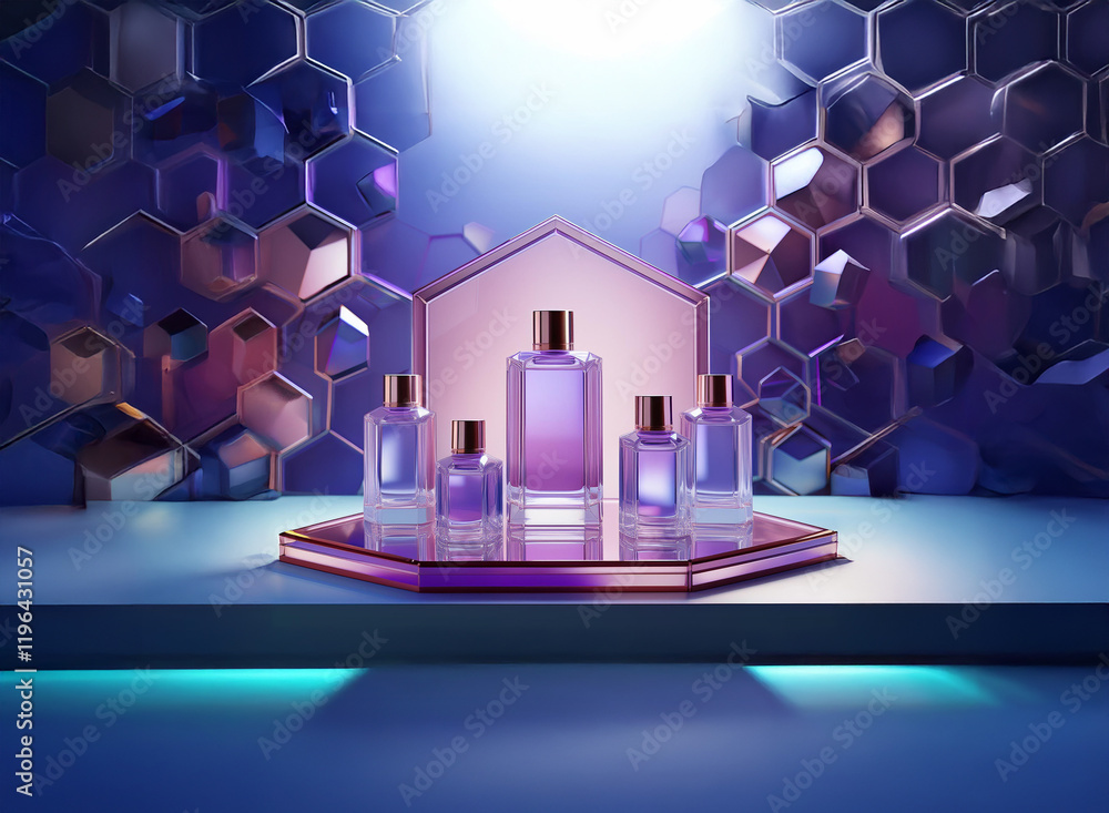 Poster elegant perfume bottles in varying sizes are showcased on a hexagonal platform against a shimmering,