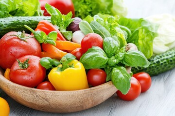 A vibrant bowl of fresh vegetables, including tomatoes, cucumbers, peppers, and leafy greens, showcasing healthy, colorful ingredients.