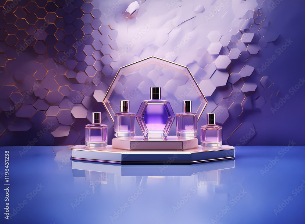 Poster elegant display of six purple perfume bottles on a geometric platform, set against a shimmering hexa