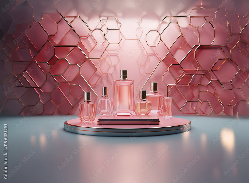 Poster a display of blush-toned perfume bottles on a circular platform, set against a backdrop of illuminat
