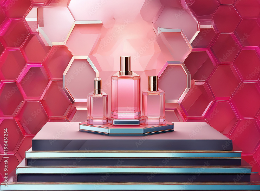 Poster a pink perfume collection displayed on a geometric platform against a hexagonal backdrop. the scene 