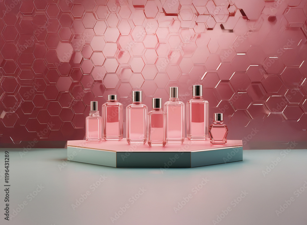Poster a collection of pink perfume bottles of varying sizes and shapes elegantly displayed on a geometric 