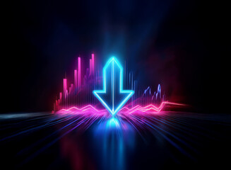 A vibrant neon blue downward arrow glows intensely, set against a backdrop of dynamic pink and blue light trails, suggesting a market decline or data download.
