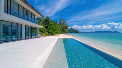 Fototapeta premium Modern Luxury Villa Overlooking Pristine Beach with Infinity Pool and Clear Blue Sky
