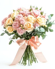 Elegant floral bouquet with pastel roses, wedding floral bouquet with delicate blooms, luxury floral bouquet arrangement for special occasions, Beautiful bouquet of mixed pastel flowers.