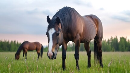 Naklejka premium Two horses grazing in a lush green field at sunset.