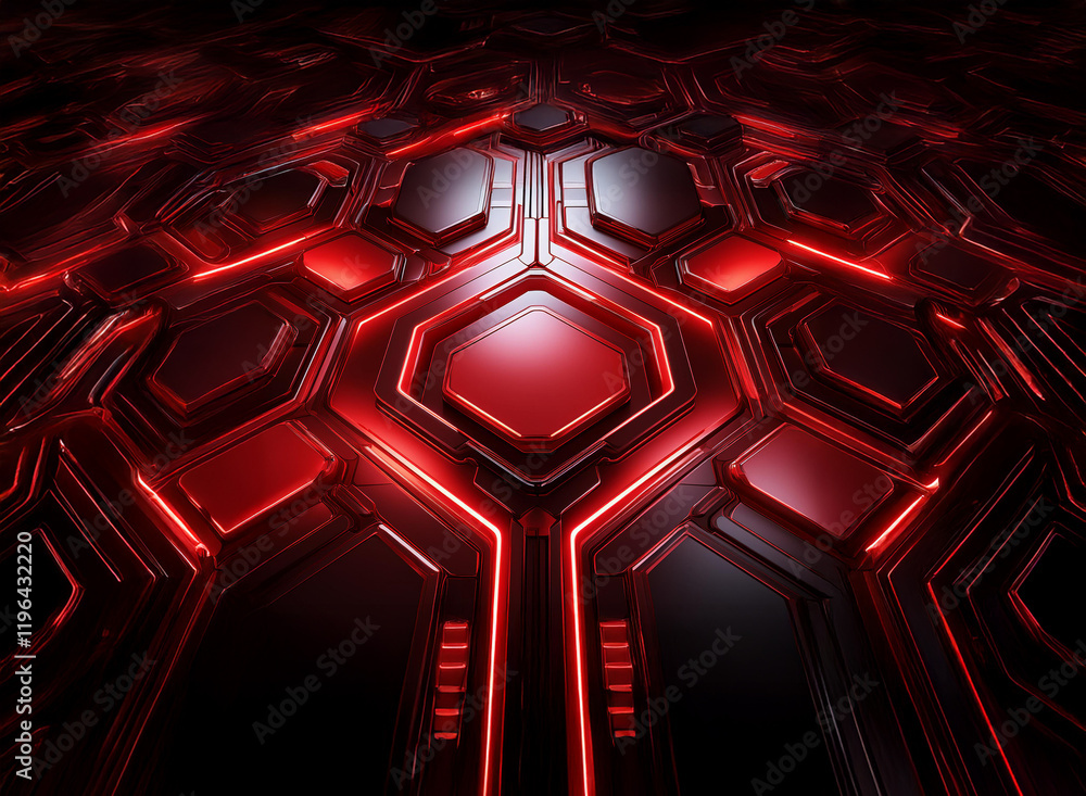 Poster abstract image of a futuristic, red and black geometric surface with glowing lines and hexagonal pat