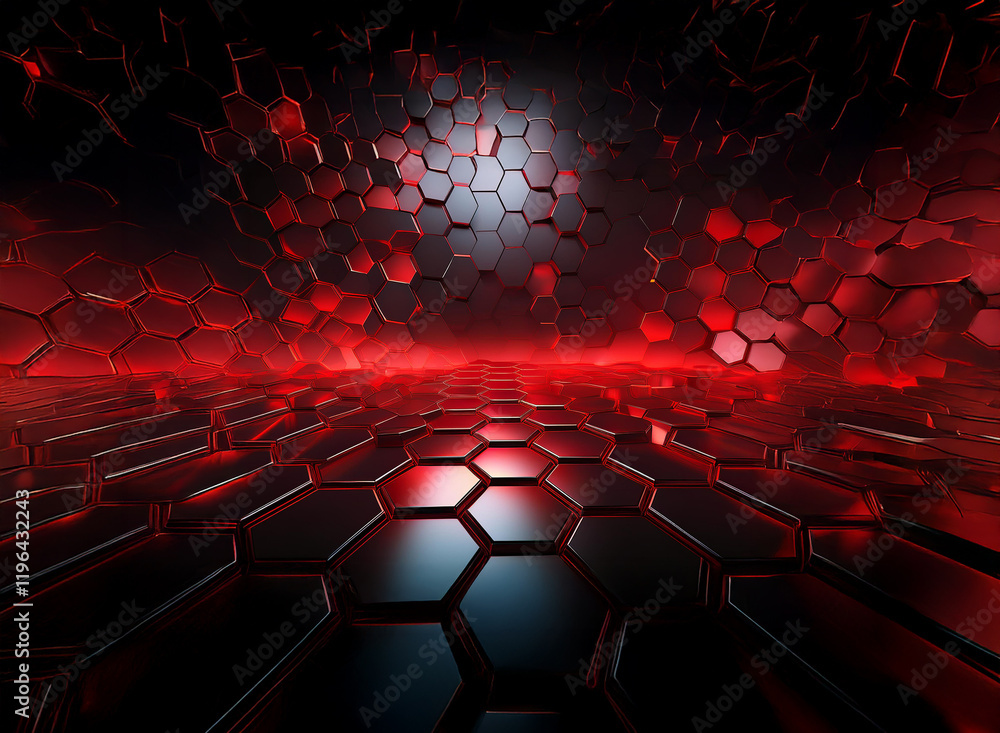 Poster a dark, futuristic landscape of glowing red and black hexagonal structures. the perspective creates 