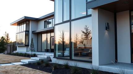 Modern Architectural House Design: Luxury Home Exterior with Stunning Sunset Reflections