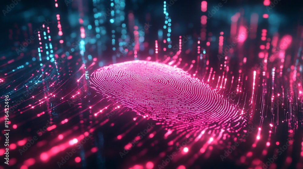 Poster digital fingerprint: a glowing abstract representation of biometric data