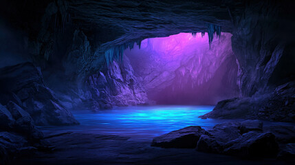 Mystical Cave Filled With Glowing Crystals Illuminating a Serene Underground Scene