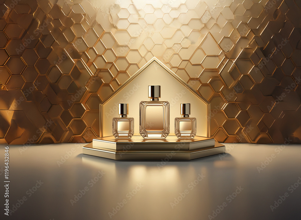 Poster elegant perfume bottles, varying in size, displayed on a geometric gold stand against a shimmering h