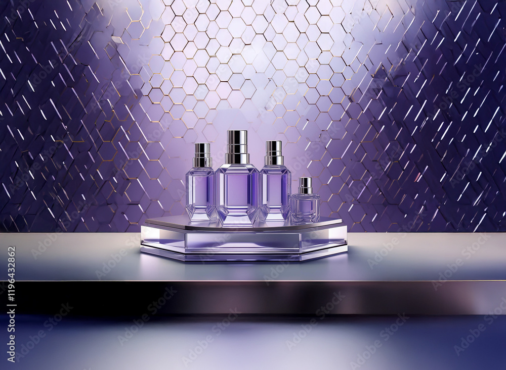 Poster elegant purple perfume bottles of varying sizes are displayed on a hexagonal tray against a geometri