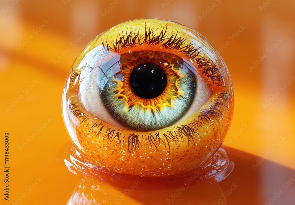 Poster captivating hyper-realistic eye embedded in a transparent orange sphere, emphasizing vivid colors an