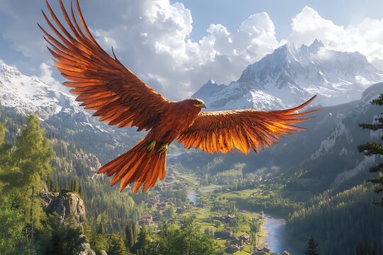 Persian simurgh in mountainous landscape