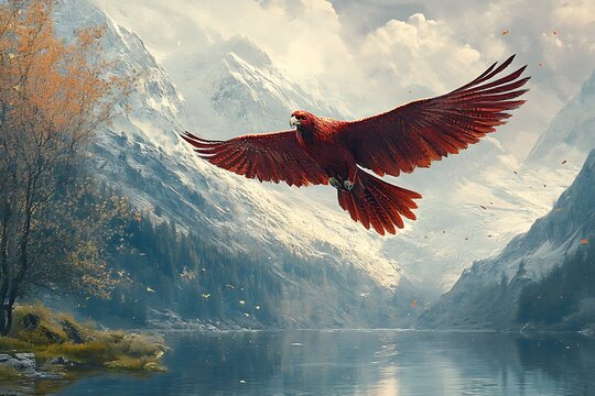 Persian simurgh in mountainous landscape