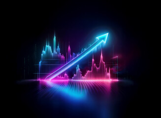 Neon arrow ascends over a vibrant, glowing stock market graph, symbolizing growth and financial success.  The scene is set against a dark background, creating a dramatic and futuristic feel.