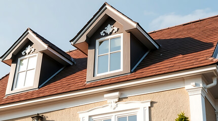 Obraz premium Elegant Home Exterior with Classic Dormer Windows and Red Roof Tiles. Luxury Real Estate, Architectural Design, and Home Improvement Photography.