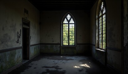 Fototapeta premium An abandoned room with arched windows, stained walls, and a view of lush greenery outside. Light filters softly through the glass.