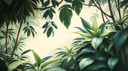 watercolor painting of a retro mural photo wallpaper featuring a tropical forest wallpaper desktop | generative AI