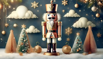 Generated image"The Enchanted Nutcracker: A Majestic Wooden Guardian Amidst Winter's Magic"
