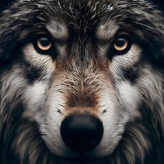 AI generates a wolf's face with its eyes open and staring at the camera