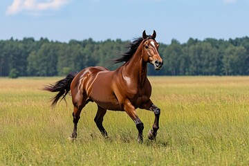 Obraz premium Majestic Bay Horse Galloping Across a Lush Green Meadow Under a Summer Sky