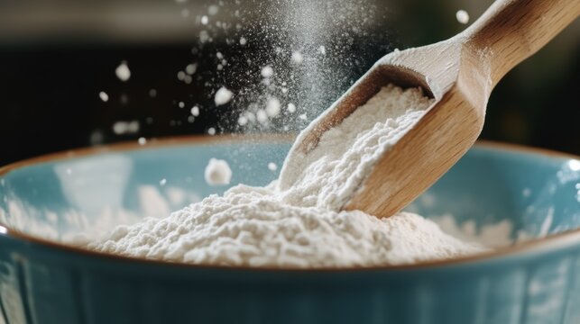 Rustic wooden scoop pouring white flour with copy space