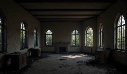 Fototapeta premium An abandoned room with arched windows, a fireplace, and scattered furniture. Sunlight filters through overgrown greenery, creating an eerie yet serene atmosphere.