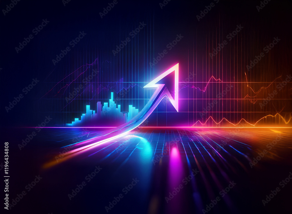 Poster vibrant neon arrow ascends against a backdrop of dynamic data graphs, symbolizing growth and progres