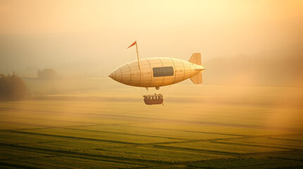 dreamy airship powered by wind and solar sails floating above a green farmland | generative AI