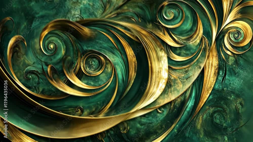 Poster exploring the elegance of abstract green and gold swirls in a textured backdrop, abstract green and 