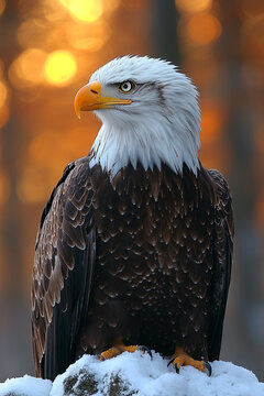 Majestic Bald Eagle Perched on Snowy Rock at Sunset