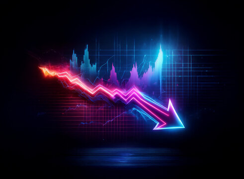 A vibrant neon arrow plunges downward against a backdrop of fluctuating data lines, symbolizing a sharp market decline.  The image uses cool and warm colors to highlight the trend.