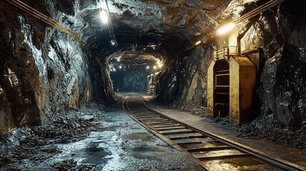 Naklejka premium Underground gold mine shaft tunnel drift with rails