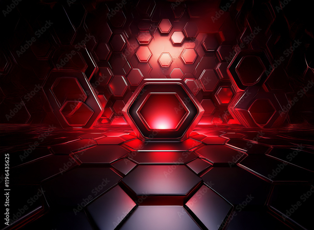 Poster red and black hexagonal structures create a dark, glowing, futuristic environment. the central hexag