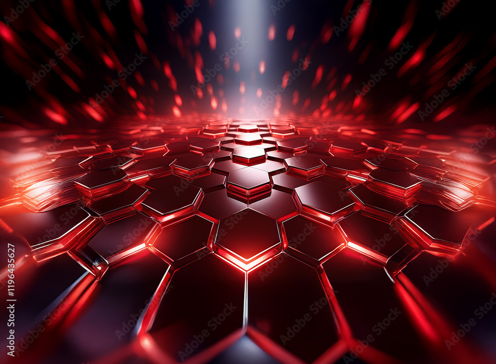 Poster a mesmerizing perspective of a futuristic, red hexagonal grid illuminated by a bright central light.