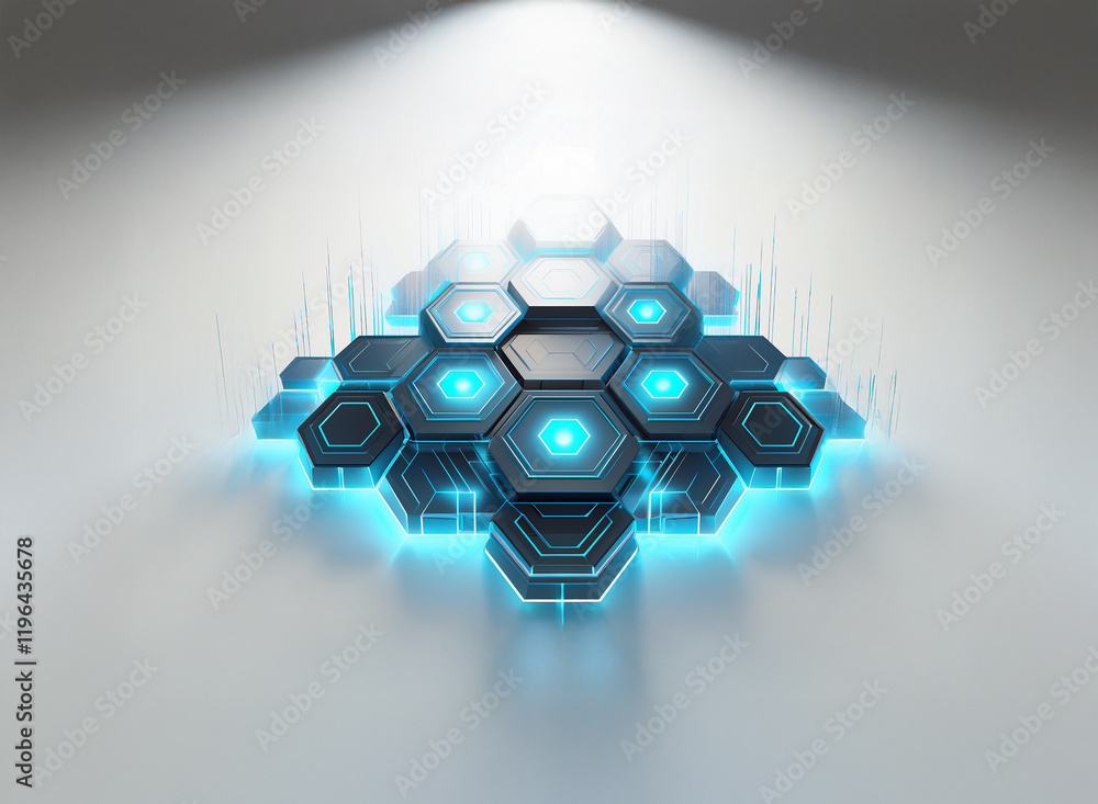 Poster glowing hexagonal structures, interconnected and forming a cluster. a futuristic, technological desi