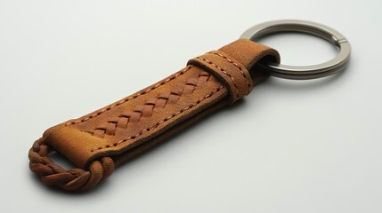 Brown Leather Keychain with Braided Design and Metal Ring Attachment