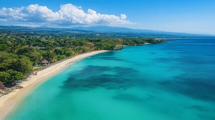 Crystal clear sea water bay. Pristine ocean lagoon sunny cloudy sky, idyllic relaxing seascape. Transparent surface, exotic travel. tropics Mediterranean nature panorama. Summer background, beach view