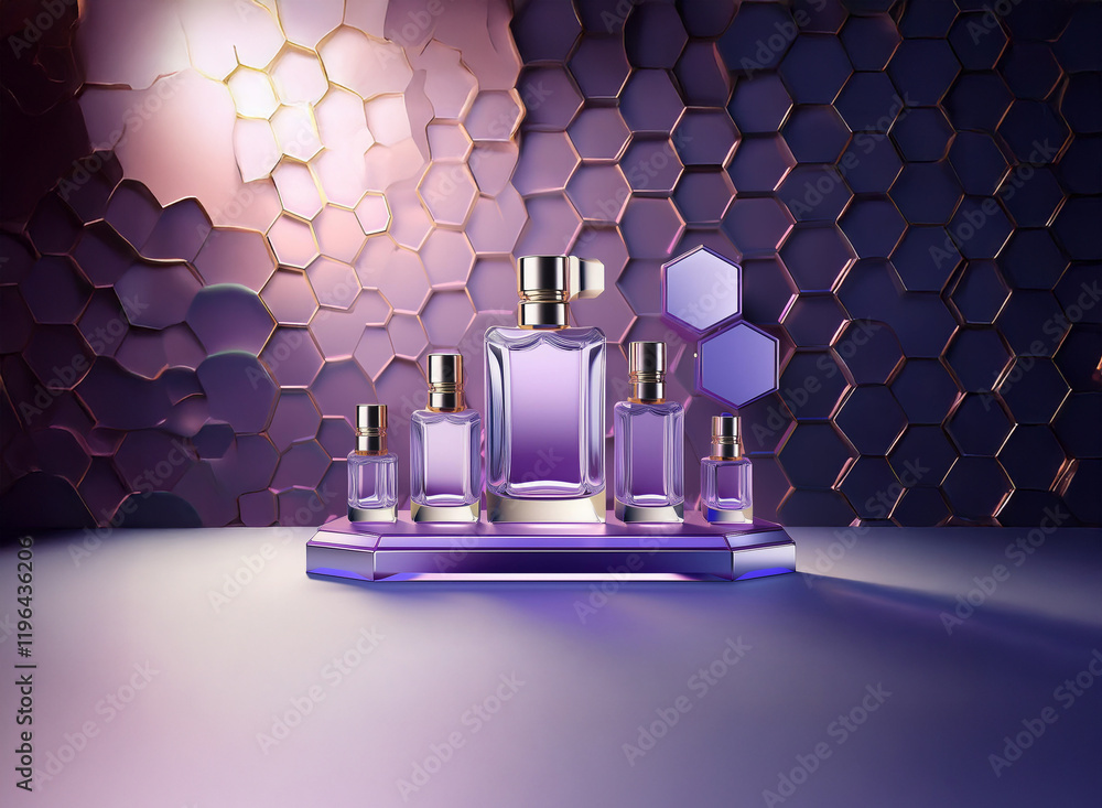 Poster a luxurious set of purple perfume bottles, varying in size, displayed on a sleek platform against a 