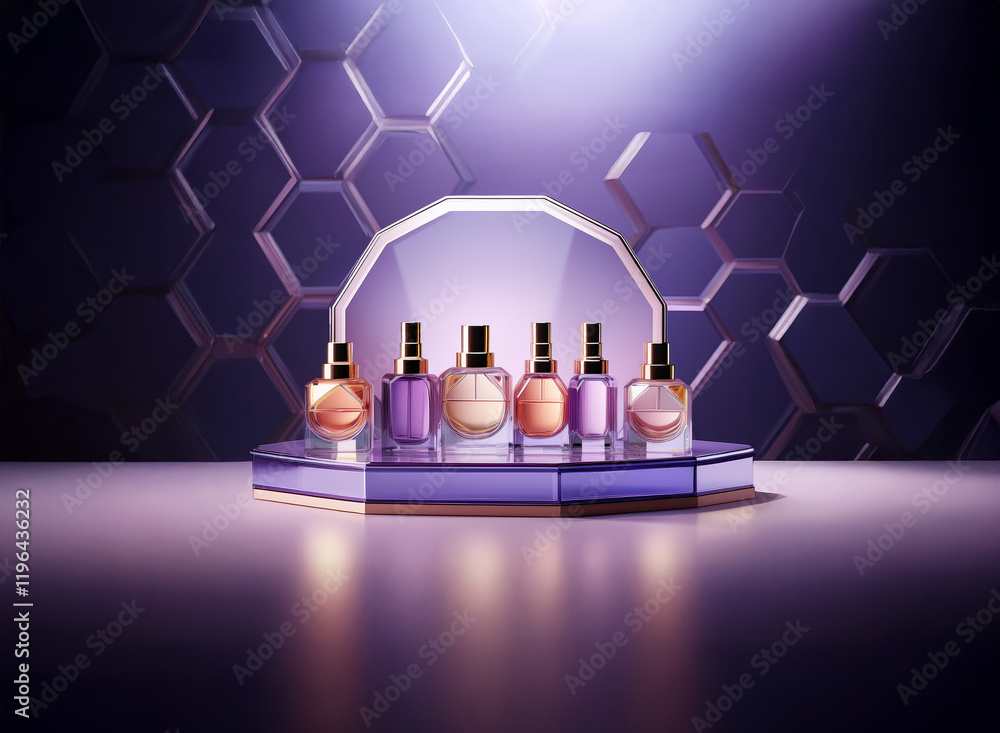 Poster elegant display of seven perfume bottles with iridescent sheen, set on a geometric platform against 