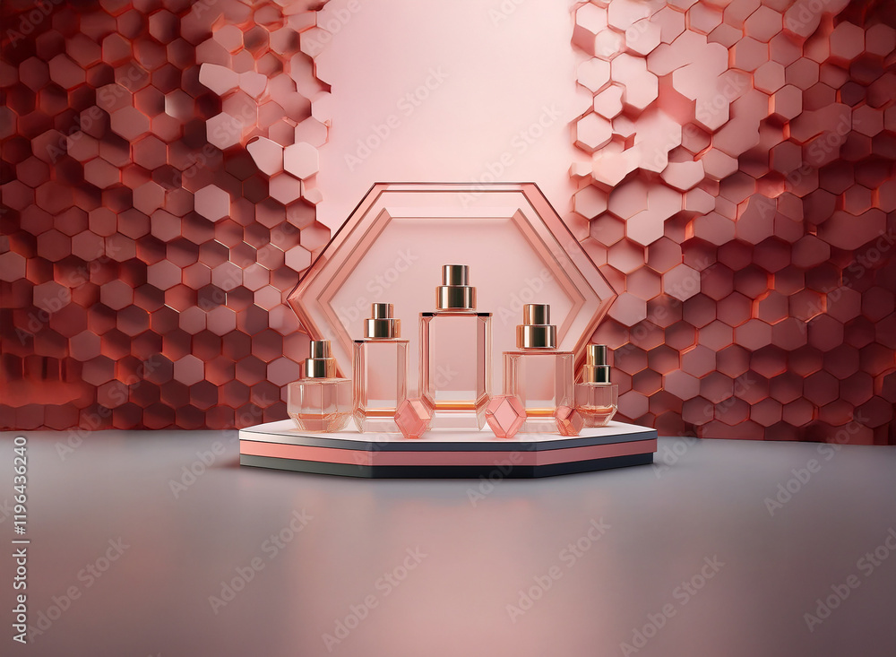 Poster elegant perfume bottles in various sizes displayed on a hexagonal stand against a textured pink hone