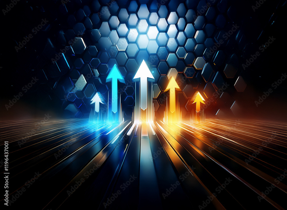 Poster glowing arrows ascend on a dark, hexagonal background, symbolizing growth and progress in technology