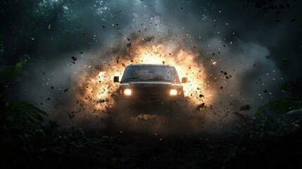 Adventure Vehicle in Dramatic Jungle Explosion Scene
