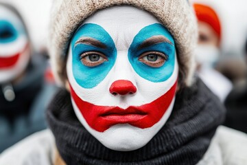 Fototapeta premium American society identity concept. Clown face with blue and red makeup, wearing a beanie in a crowd.