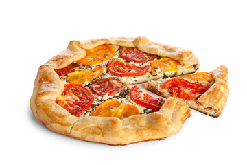 Tasty tomato galette on white background
