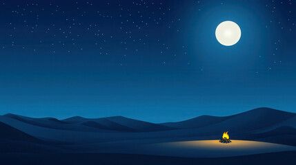 Serene Desert Landscape Under Clear Night Sky with Campfire and Bright Moonlight