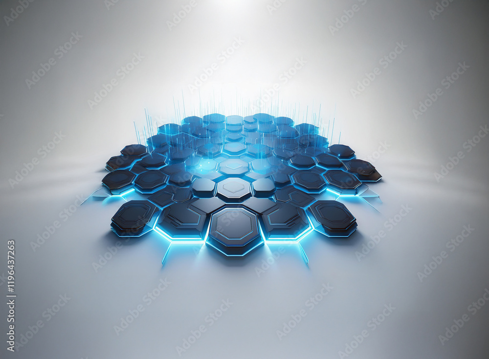 Poster abstract 3d rendering of a cluster of dark hexagons glowing with vibrant blue light against a neutra