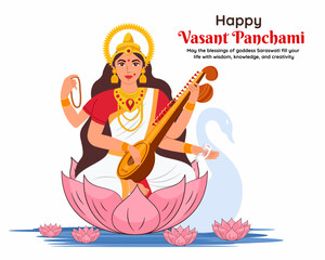 Happy saraswati puja goddess of wisdom saraswati for vasant panchami social media post